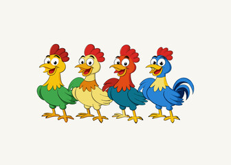 Set of different farm chickens in cartoon style Hand Drawn Illustration Isolated On Transparent Background