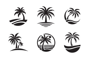 set of palm tree silhouette black and white 
