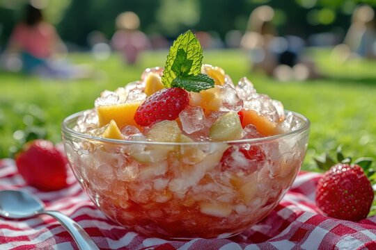 ice with fresh fruit and a sprig of mint on a red picnic blanket in a sun-drenched park