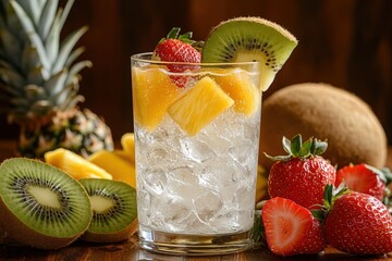 crystal clear iced fruit beverages, garnished with fresh fruits like kiwi, pineapple, and strawberries