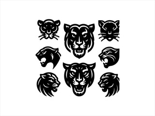 Fototapeta premium Set of Black Panther Logo Designs for Branding , A collection of bold, stylized black panther head logos, ideal for branding or graphic design projects.