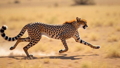 Obraz premium Powerful Cheetah Sprinting Dynamically Across Sandy Plain at Golden Sunset with Copy Space