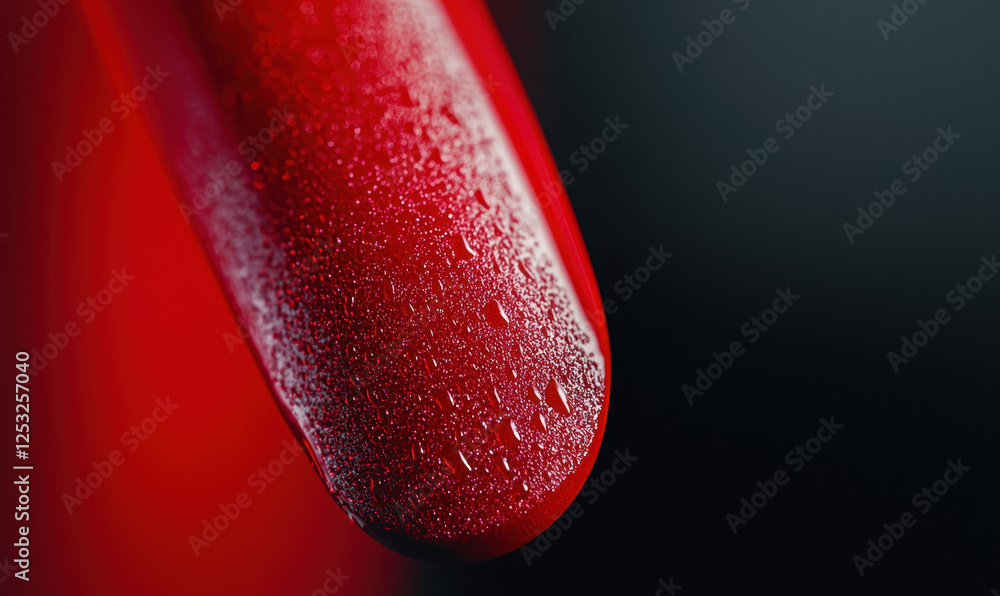 Poster captivating close-up of a glossy red surface with droplets, showcasing a refreshing and vibrant aest
