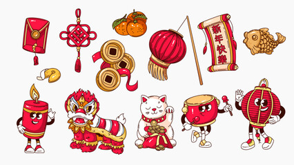 Fototapeta premium Groovy cartoon characters set of Chinese lunar New Year. Funny retro Chinese old scroll and lucky cat, golden coins and lantern. CNY mascots, cartoon stickers of 70s 80s style vector illustration