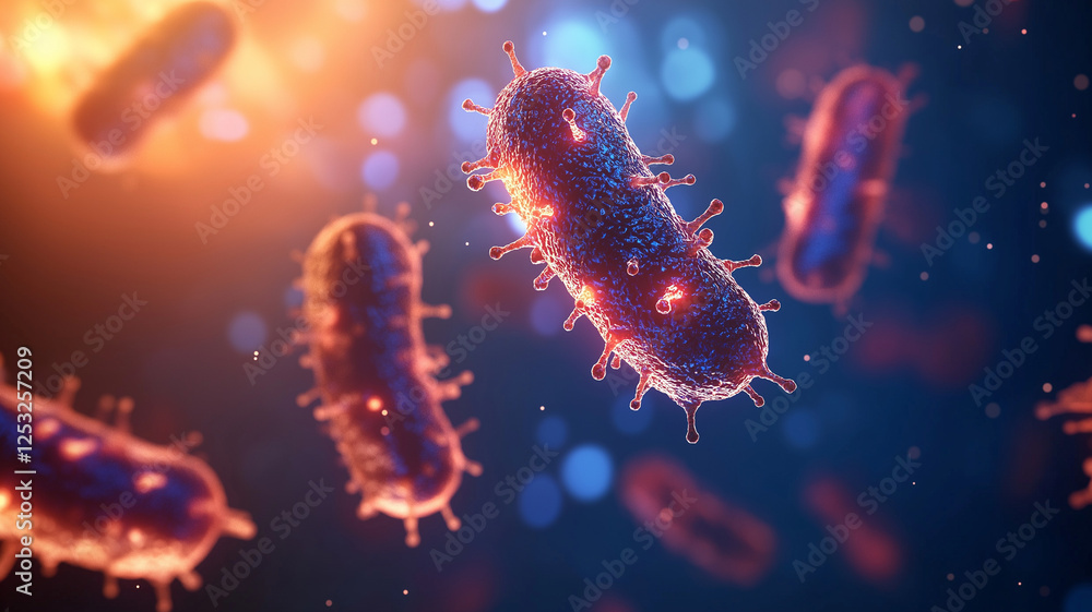 Poster bacteria in vibrant blue and orange colors, floating in dynamic background, create captivating visua