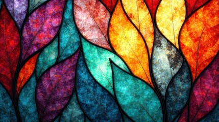 Abstract Colorful Foliage in a Stained Glass Design Featuring Vivid Hues and Intricate Veining Details