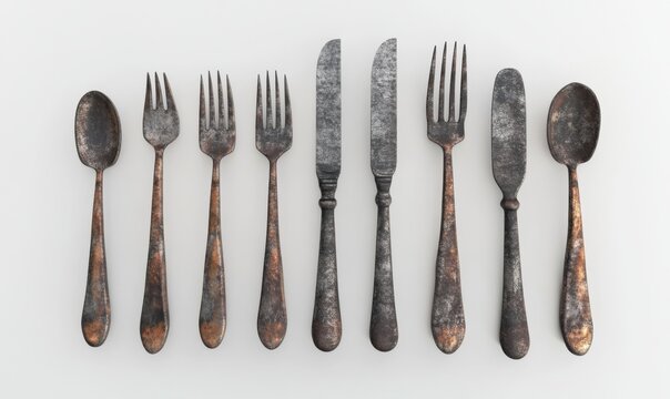Rustic copper cutlery set on white background,  vintage style, food photography - Powered by Adobe