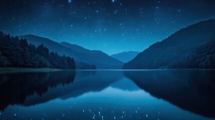 Fototapeta premium Serene night scene: tranquil lake reflecting starry sky over majestic mountains. Ideal for nature, peace, tranquility, and travel themes.