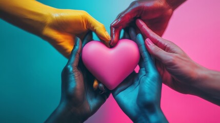 Hands of Diverse Skin Tones Forming Heart Shape with Pink Object