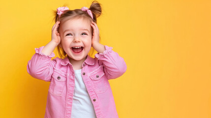 Easter celebration with little girl playing peek-a-boo game on solid pastel yellow background