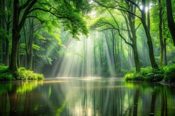 Obraz premium Serene Sunlight Illuminates a Tranquil Forest Pond, Reflecting Beams of Light on the Still Water's Surface