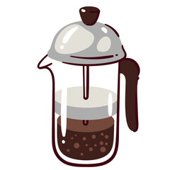 French cartoon press for brewing coffee. Funny glass pot brewer with cap and handle, filter. Coffeemaker, barista equipment mascot, cartoon breakfast coffee preparation process vector illustration