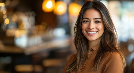 Obraz premium A cheerful woman with long hair stands in a cafe, smiling brightly while enjoying the relaxed atmosphere of the late afternoon