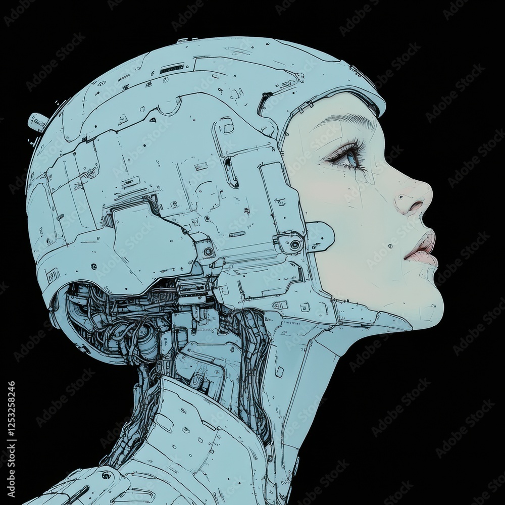 Aufkleber futuristic humanoid robot gazes upward with intricate mechanical features against a dark background.