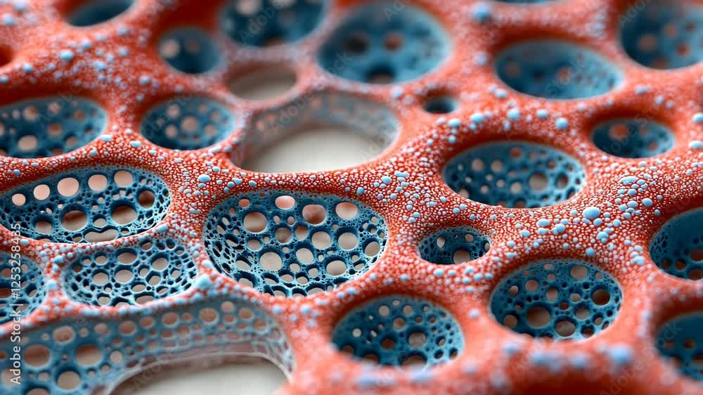 Poster brightly colored coral-like structure showcasing intricate patterns in blue and red hues created by 