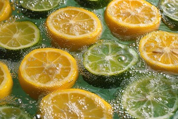 macro composition of vibrant lemon slices submerged in water, with bubbles