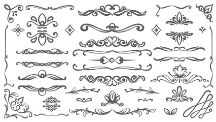Floral design elements and flourishes line icons set. Outline hand drawn vintage ornate borders and frames with flowers and hearts, retro calligraphic decor design collection vector illustration