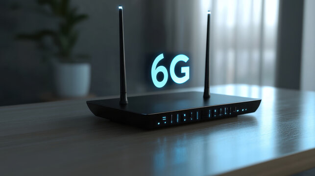 futuristic router emitting holographic 6G signal, showcasing advanced technology and connectivity. sleek design and glowing elements highlight innovation in communication