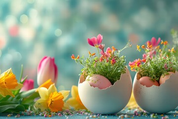 still life of cracked eggshells brimming with vibrant microgreens