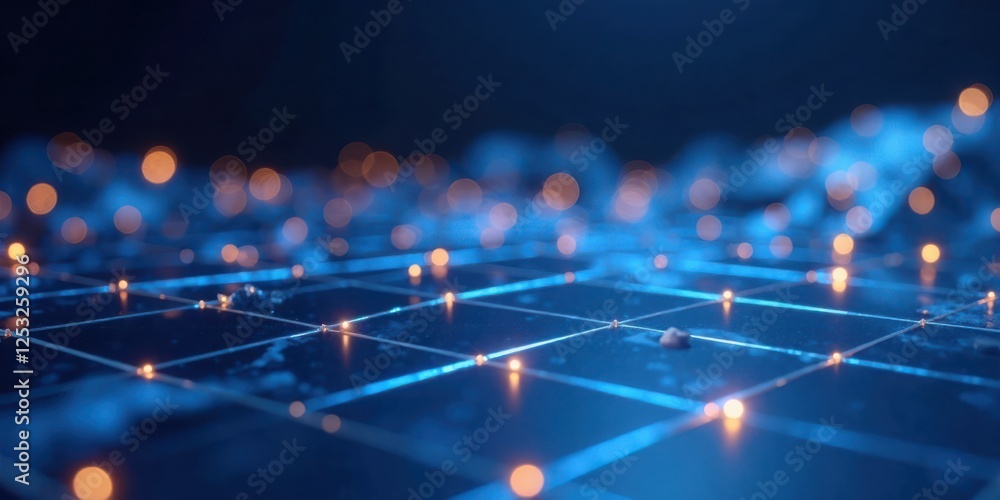 Fototapete illuminated grid abstract network of connections and nodes shining brightly in the dark