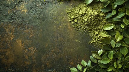 A textured surface with green powder and fresh leaves, suggesting natural ingredients.