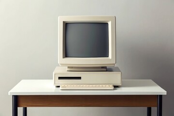Vintage Beige Computer with CRT Monitor on Wooden Desk Against White Wall