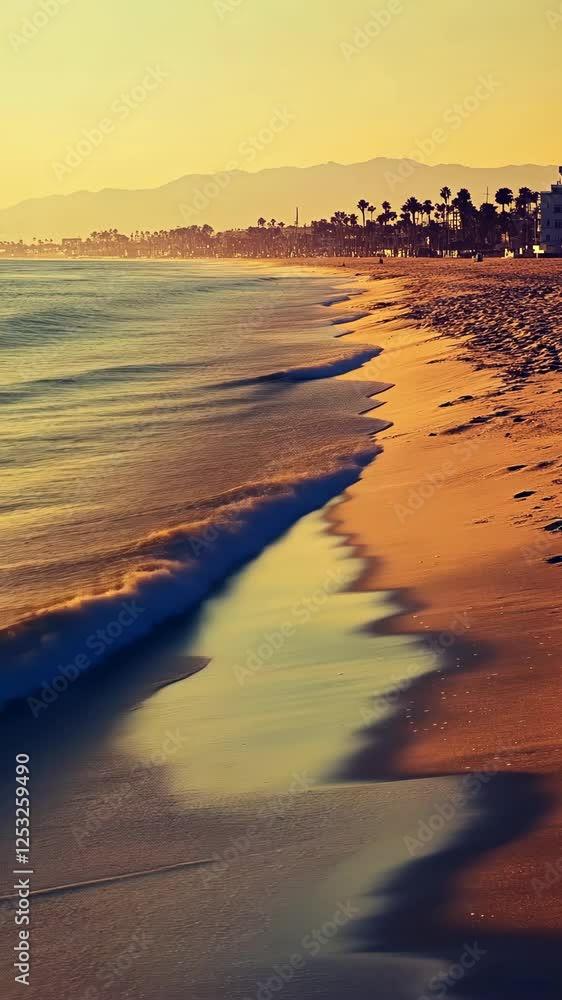 Poster golden hour at the beach with gentle waves lapping on the shore and palm trees lining the coast
