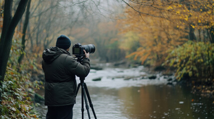 Fototapeta premium photographer capturing serene landscape scene by river in autumn. tranquil environment features colorful foliage and misty atmosphere, creating peaceful mood