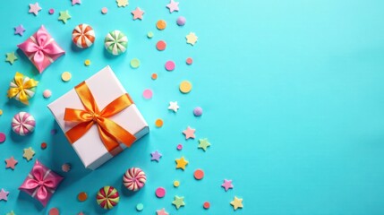 Obraz premium A Festive Gift Presentation with Colorful Candies and Confetti on a Vibrant Blue Background