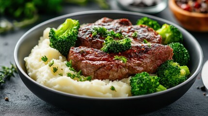 Juicy steaks, creamy mashed potatoes, and vibrant broccoli in a bowl. Perfect for restaurant menus, food blogs, or recipe websites.
