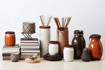 Elegant minimalist stationery organizer featuring muted pencils, pens, and erasers in harmony