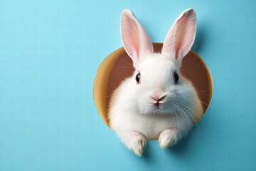 Fototapeta premium cute, fluffy white rabbit peeks out of a circular paper hole