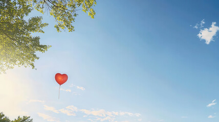 heart shaped balloon floats in clear blue sky, surrounded by greenery and soft clouds, evoking sense of joy and freedom