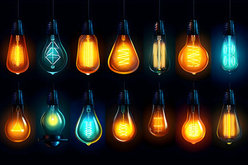 Glowing vintage light bulbs collection, dark background, ideas