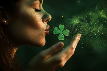Woman blowing glittery four-leaf clover for st. patrick's celebration
