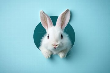 Obraz premium cute, fluffy white rabbit peeks out of a circular paper hole