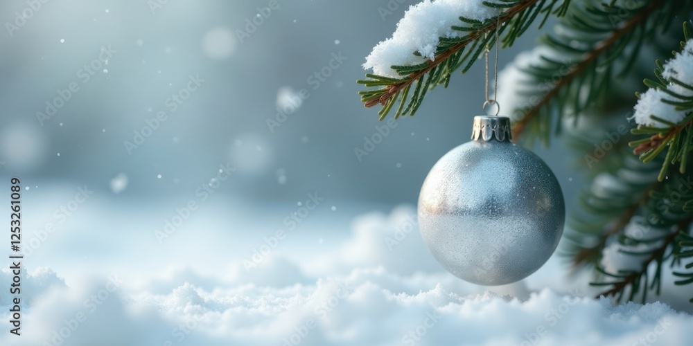 Poster a shimmering silver bauble hangs from a snow-dusted evergreen branch, a gentle snowfall creating a s