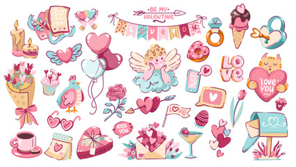 Valentine day cartoon stickers set. Funny heart balloons and love gift, pink flower and cupid arrow, letter in envelope. Valentine day mascots, cartoon love elements collection vector illustration
