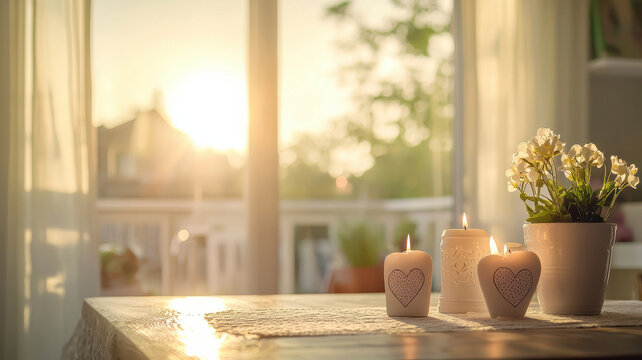 Minimal heart shaped candles on table with flowers, creating warm ambiance
