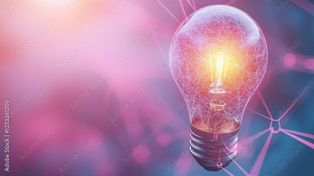 Poster glowing light bulb with digital network design, symbolizing innovation and technology. vibrant color