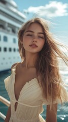 Blonde female relaxing on cruise deck, feeling ocean wind, wearing flowing sundress against maritime background