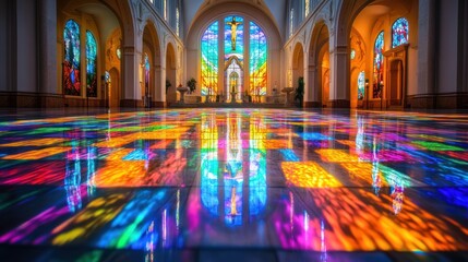 Obraz premium Cathedral Interior Illuminated By Vibrant Stained Glass Windows