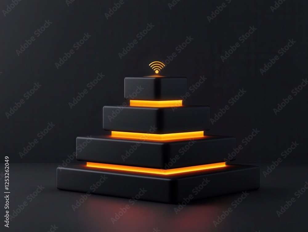 Poster business analytics decision-making automation. abstract pyramid of glowing data with automation indi