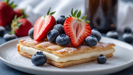 Desserts. Flaky Pastry Dessert with Fresh Berries and Cream