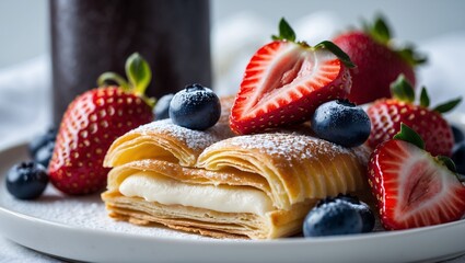 Desserts. Flaky Pastry Dessert with Fresh Berries and Cream