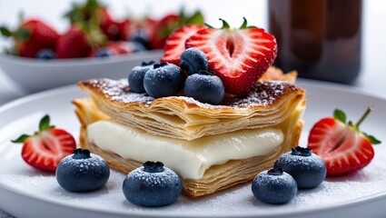 Desserts. Flaky Pastry Dessert with Fresh Berries and Cream