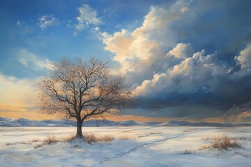 Solitary Majesty: A Lone Tree Amidst the Winter Landscape, Adorned by the Splendor of the Sky .