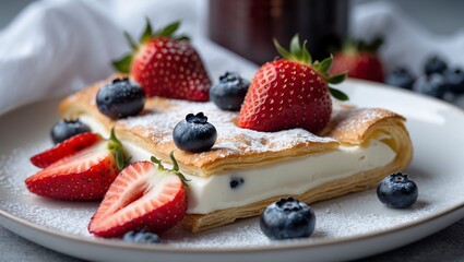 Desserts. Flaky Pastry Dessert with Fresh Berries and Cream