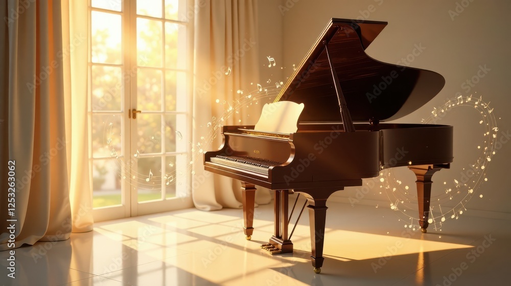 Poster A Grand Piano Bathed in Sunlight Near a Window with Musical Notes Floating Around It