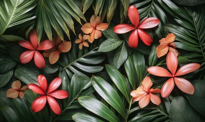 Tropical flowers and leaves background.  Website design, greeting card